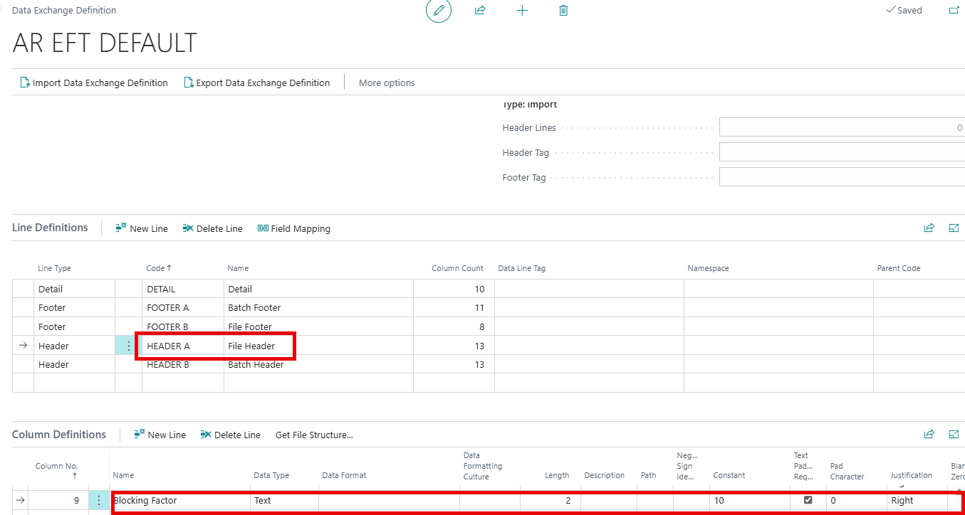 AR EFT Default - Header A - Blocking Factor